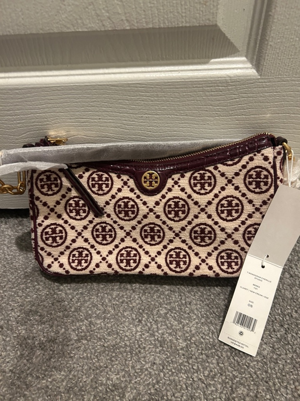Tory Burch Cream and Maroon Logo Jacquard Wristlet